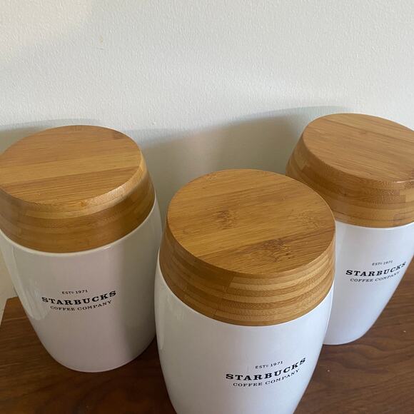 HTF Starbucks 2009 Set of 3 Coffee Tea Sugar Kitchen Counter Canisters - Picture 3 of 7